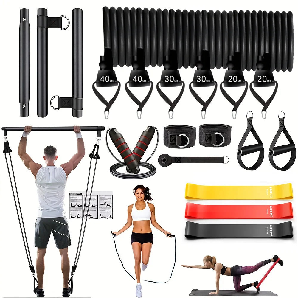 Pilates Bar Kit with Resistance Bands 3-Section Pilates Bar with Stackable Bands Workout Equipment for Legs Hip Waist and Arm