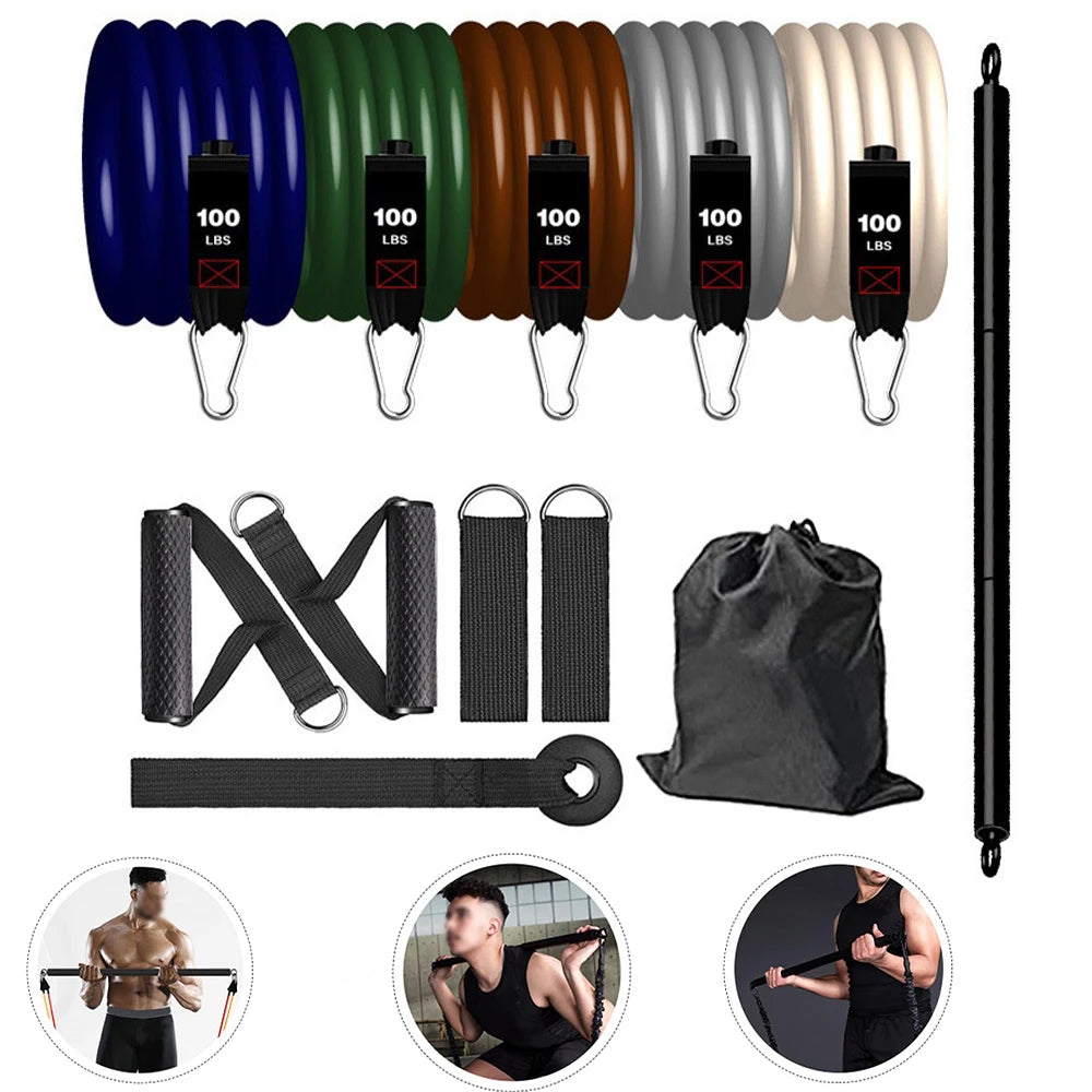 500LBS Fitness Bands Latex Pull Rope Pilates Bar Kit Resistance Bands Set Bodybuilding Elastic Bands Workout Bar Gym Equipment