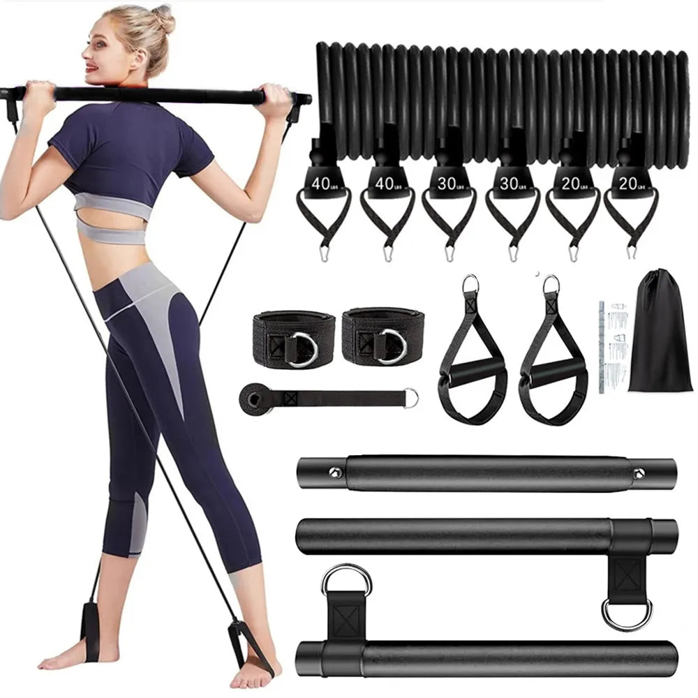 Pilates Bar Kit with Resistance Bands 3-Section Pilates Bar with Stackable Bands Workout Equipment for Legs Hip Waist and Arm